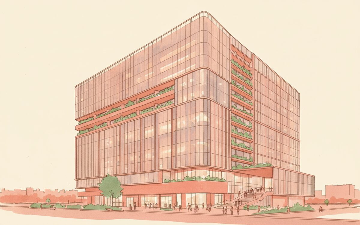 Watercolor illustration of the KIMS Kondapur hospital building, Hyderabad