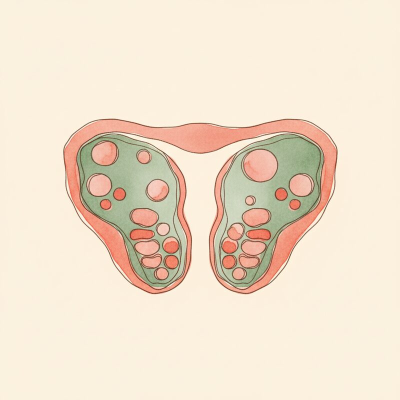 Watercolor illustration of ovaries with developing follicles