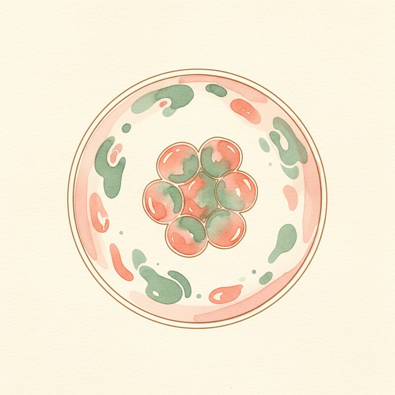 Watercolor illustration of an 8-cell embryo in a petri dish