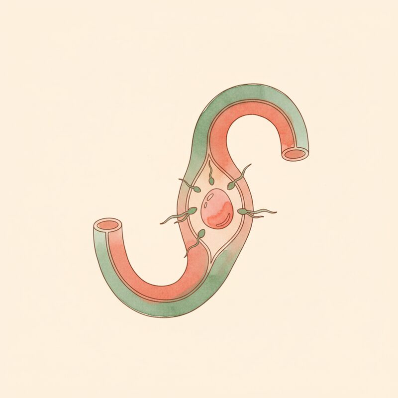 Watercolor illustration of a fallopian tube with egg meeting sperm