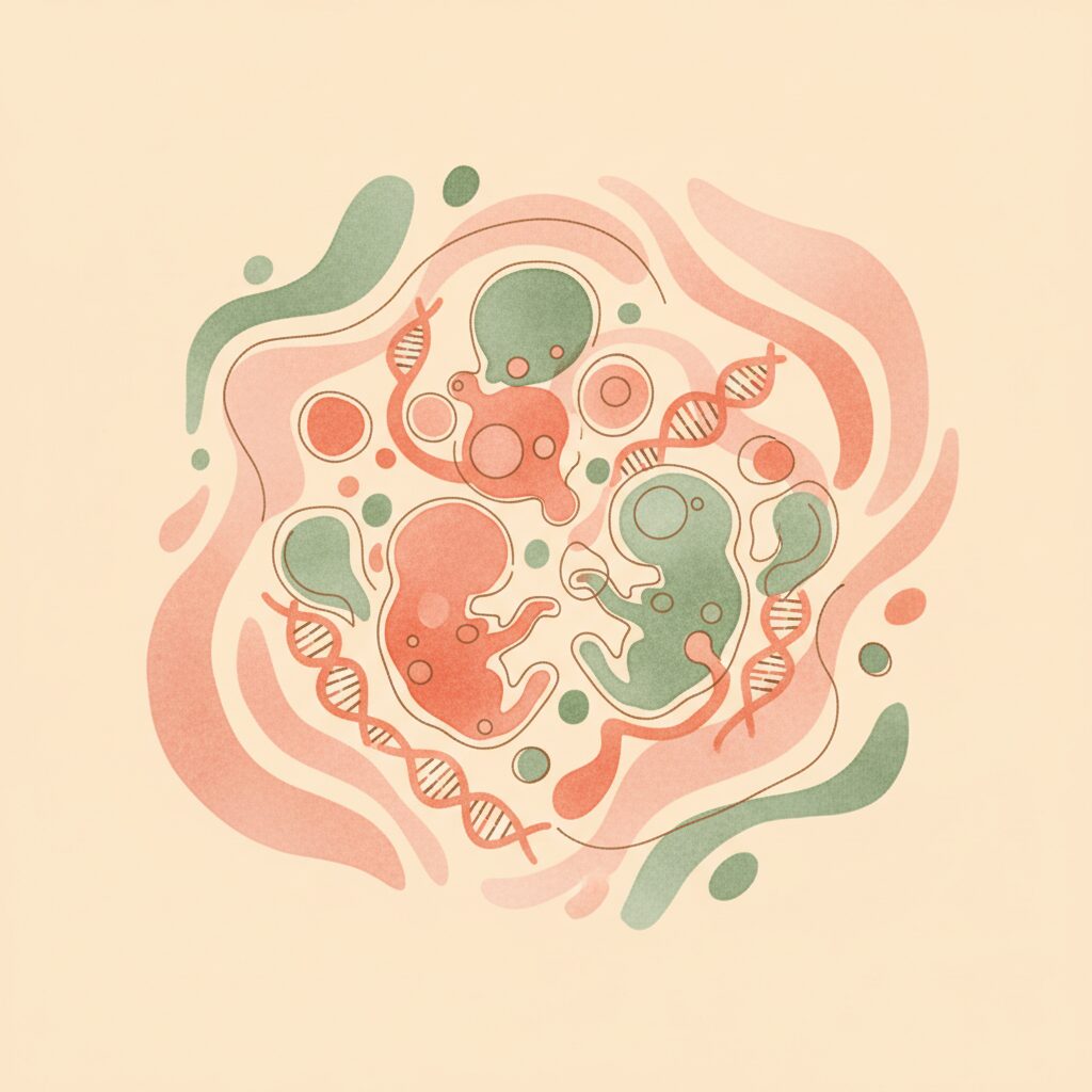 Watercolor illustration of embryo chromosomes being screened
